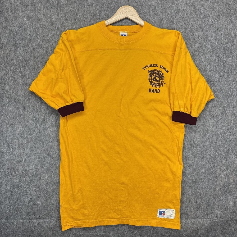 Vintage 1970s Russell Athletic Ringer T-Shirt Large Tucker Band Atlanta Yellow